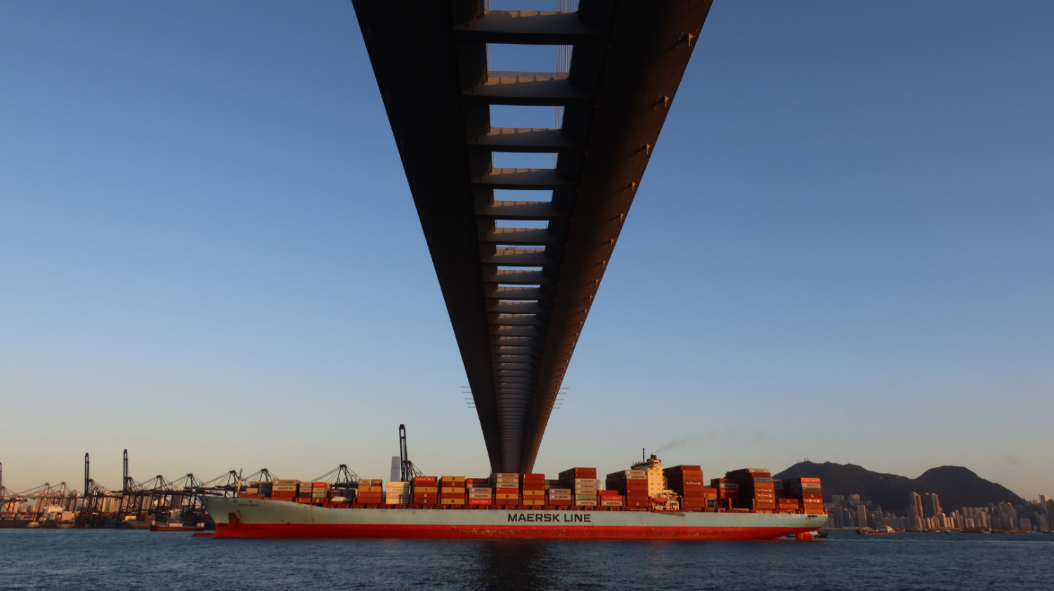 於昂船洲大橋底看貨船出入